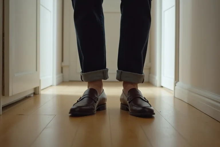 Man som jämför budget- och premiumloafers i en vardaglig stilmiljö