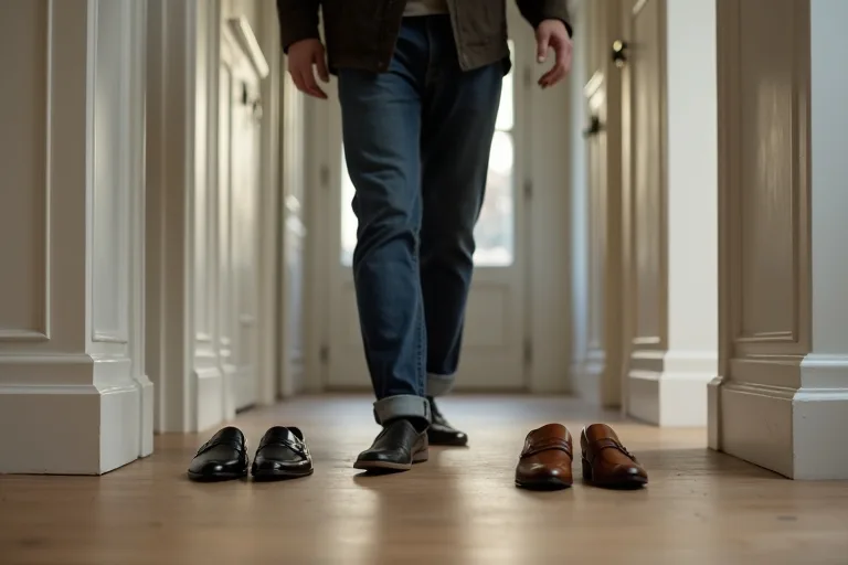 Man testar olika loafers till smart casual kläder i en vardaglig hemmamiljö
