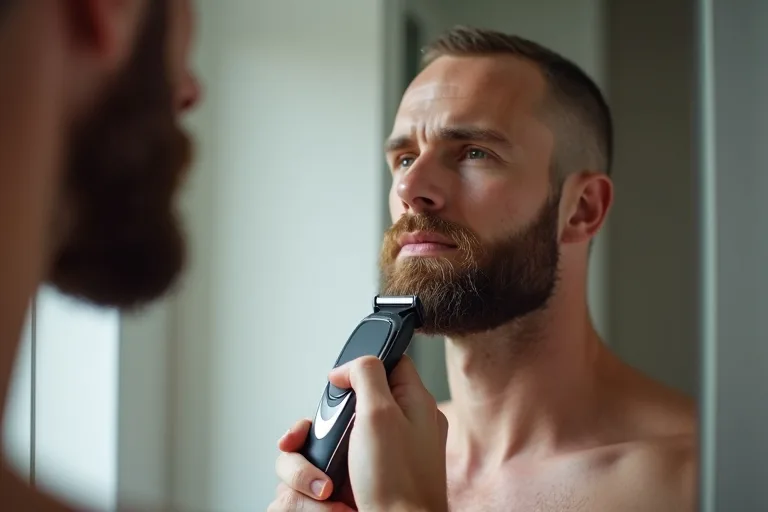 Skäggtrimmer och enkel groomingutrustning redo för hemmatrimning