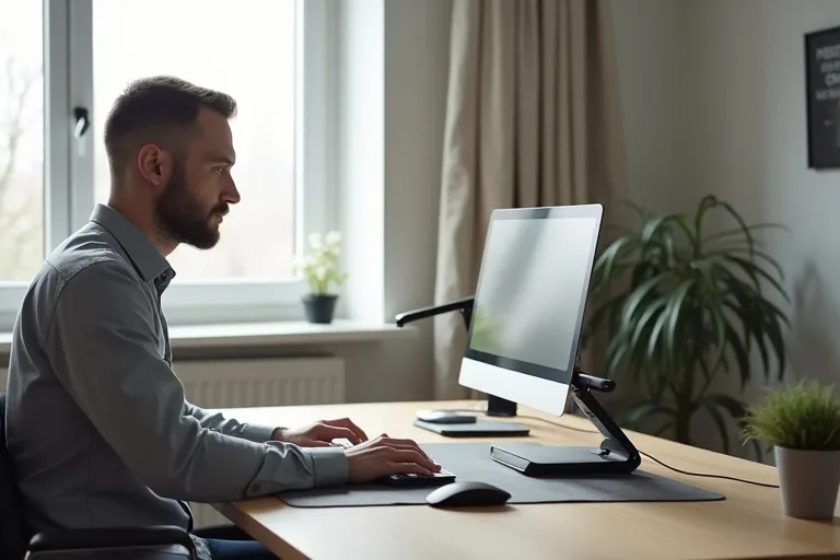 Närbild av skrivbord med laptop, mus och en mer ergonomisk arbetsposition hemma