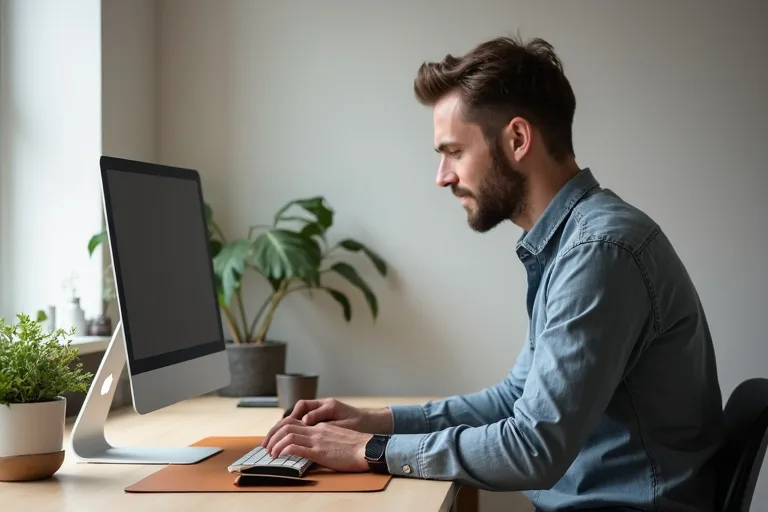 Laptop på stativ i ett prydligt hemmakontor med fokus på bättre arbetsställning