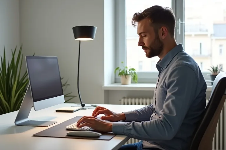 Ergonomisk hemmakontorslösning med laptopstativ och tydlig arbetsyta